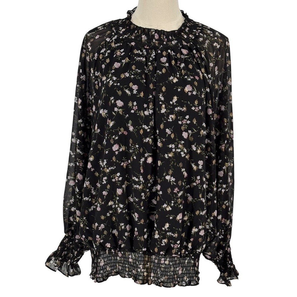 Ophelia Roe Blouse Black Floral Gold Metallic Smocked Top 1X